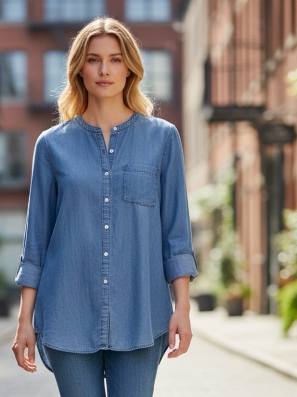 J. Jill Lightweight Tencel Denim Collarless Button Up Shirt Size MP Casual